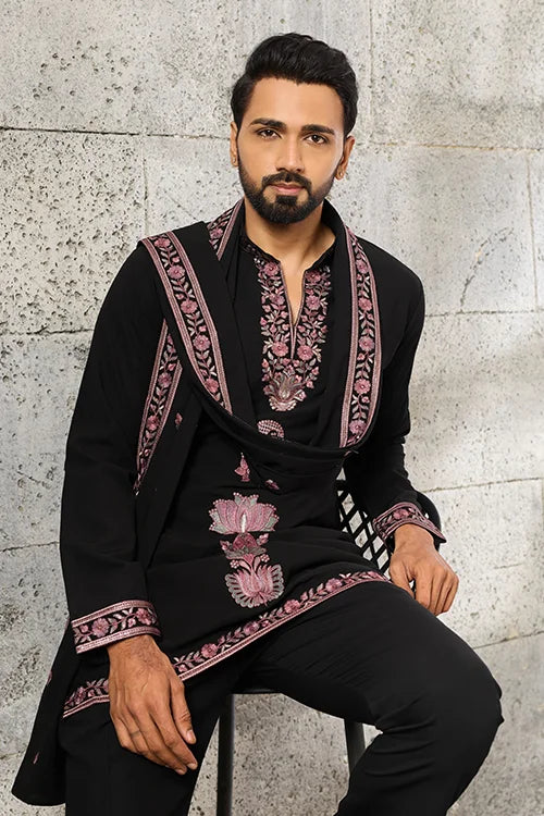 Front View of Royal Black Japanese Fabric Embroidered Kurta Dupatta Set for Men