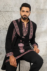Front View of Royal Black Japanese Fabric Embroidered Kurta Dupatta Set for Men