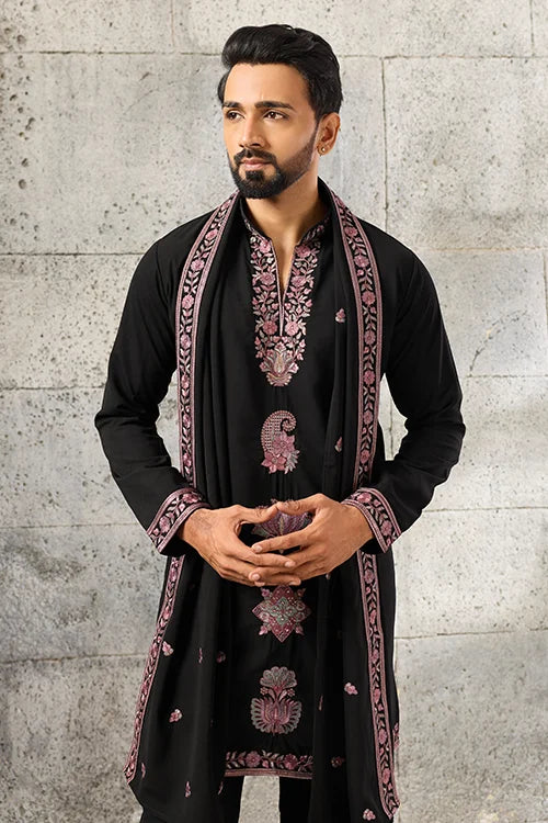Full-Length Royal Black Japanese Fabric Embroidered Kurta Dupatta Set for Men's Wear