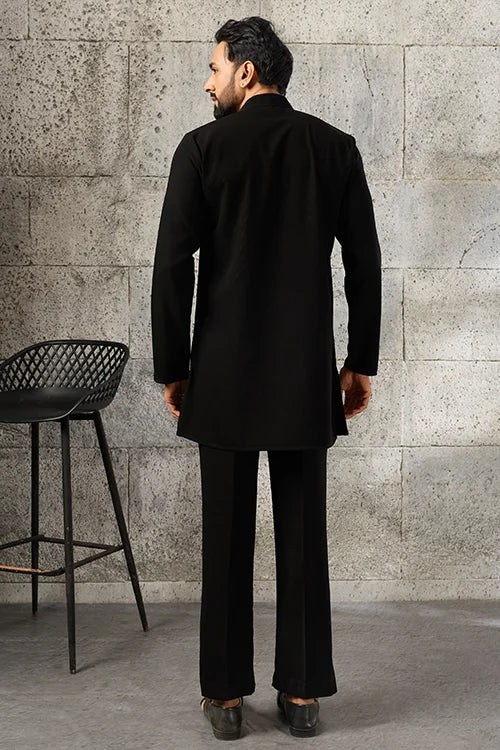 Detailed Beads Embroidery on Black Japanese Fabric Kurta Pajama Set
