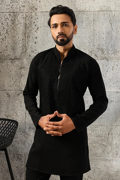 Side View of Black Beads Work Japanese Fabric Kurta Pajama Set
