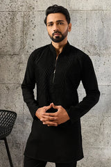 Side View of Black Beads Work Japanese Fabric Kurta Pajama Set