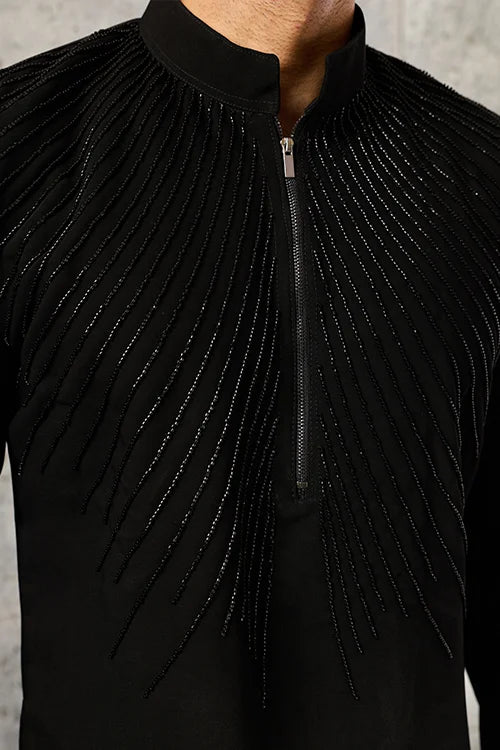 Full-Length Black Beads Work Japanese Fabric Kurta Pajama Set for Men