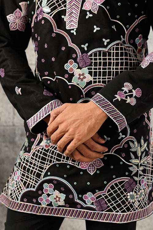Side View of Luxury Black Japanese Fabric Embroidered Kurta Set