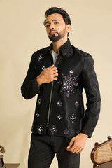 Detailed Embroidery and Mirror Work on Premium Designer Black Men's Bomber Jacket