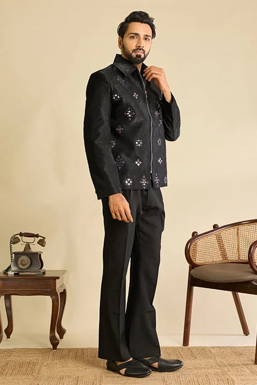 Side View of Premium Designer Black Mirror Work Men's Bomber Jacket