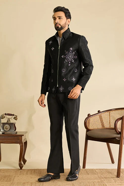 Full-Length Premium Designer Black Mirror Work Men's Bomber Jacket