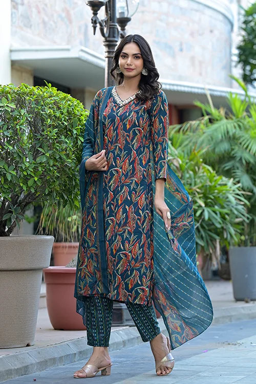 Full Stitched Exclusive Blue Rayon Kurti Bottom with Dupatta Set