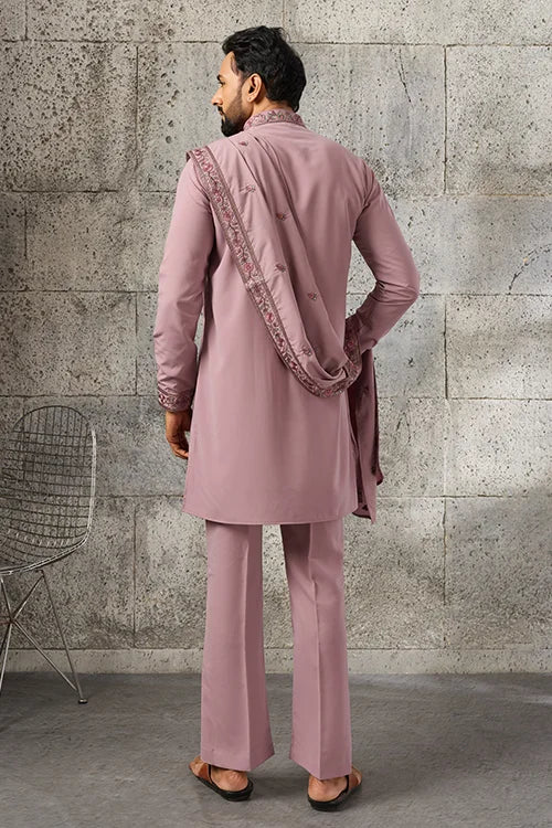 Back View of Luxury Dusty Pink Japanese Fabric Embroidered Kurta Dupatta Set for Men