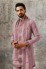 Front View of Luxury Dusty Pink Japanese Fabric Embroidered Kurta Dupatta Set for Men