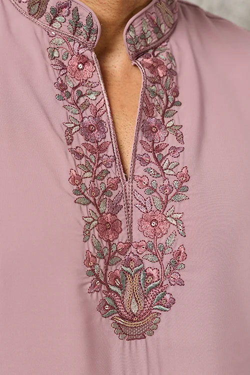 Side View of Luxury Dusty Pink Japanese Fabric Embroidered Kurta Dupatta Set