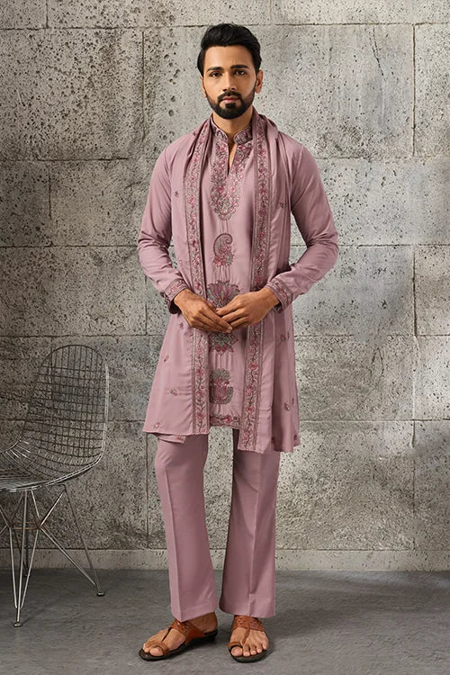 Detailed Embroidery on Luxury Dusty Pink Japanese Fabric Kurta Dupatta Set