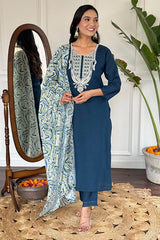 Women's Designer Kurti Set in Navy Blue with Poly Chanderi Dupatta