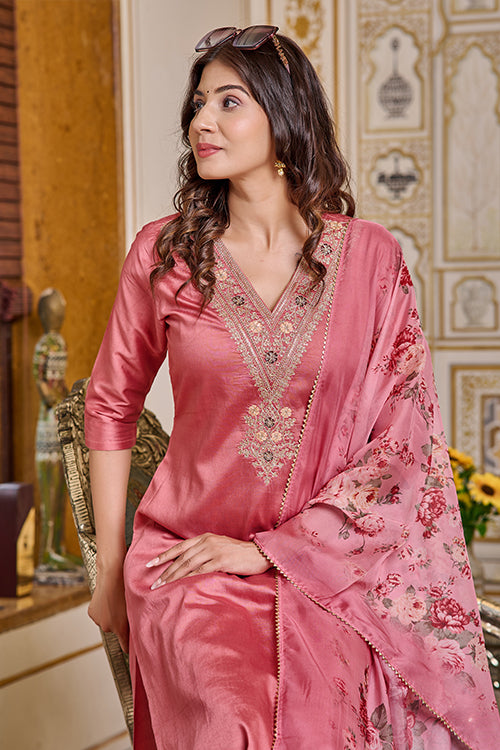 Peach Chanderi Embroidered Kurti Set with Matching Dupatta