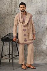 Elegant Beige Japanese Fabric Embroidered Kurta Dupatta Set for Men