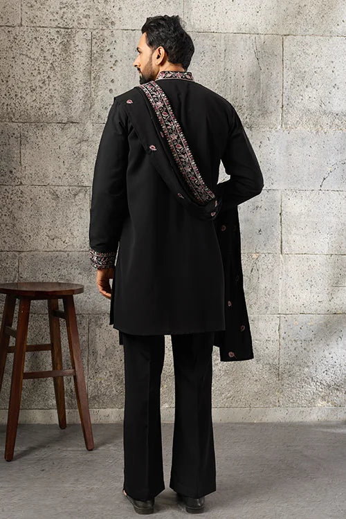 Back View of Elegant Black Japanese Fabric Kurta Dupatta Set for Men's Wear