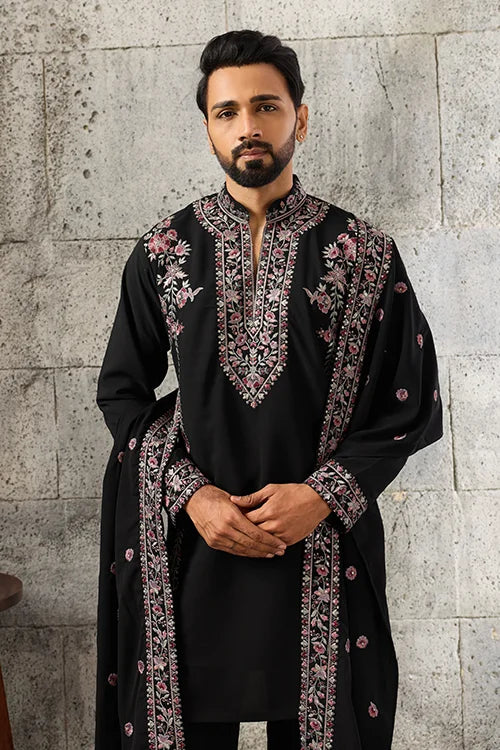 Front View of Elegant Black Japanese Fabric Kurta Dupatta Set for Men's Wear