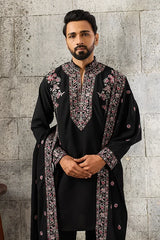Front View of Elegant Black Japanese Fabric Kurta Dupatta Set for Men's Wear