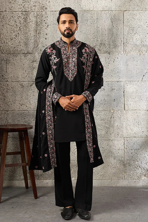 Detailed Japanese Fabric on Elegant Black Kurta Dupatta Set for Men