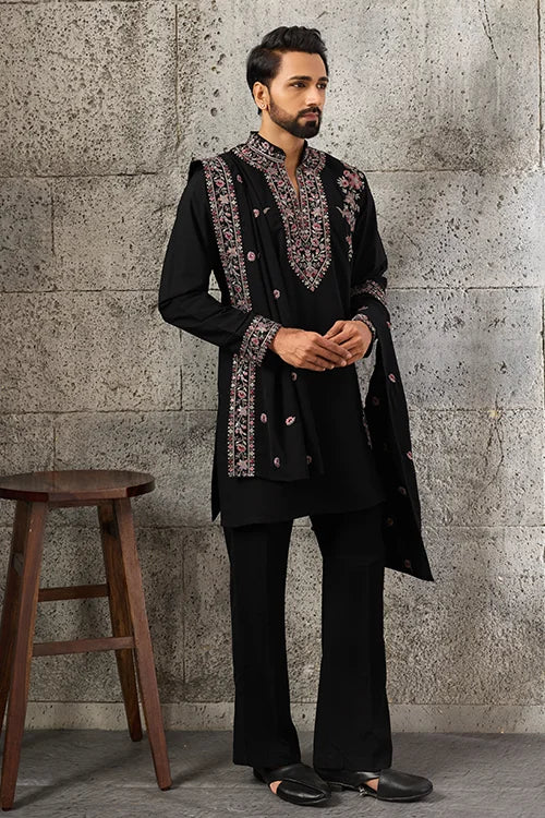 Full-Length Elegant Black Japanese Fabric Kurta Dupatta Set for Men's Wear