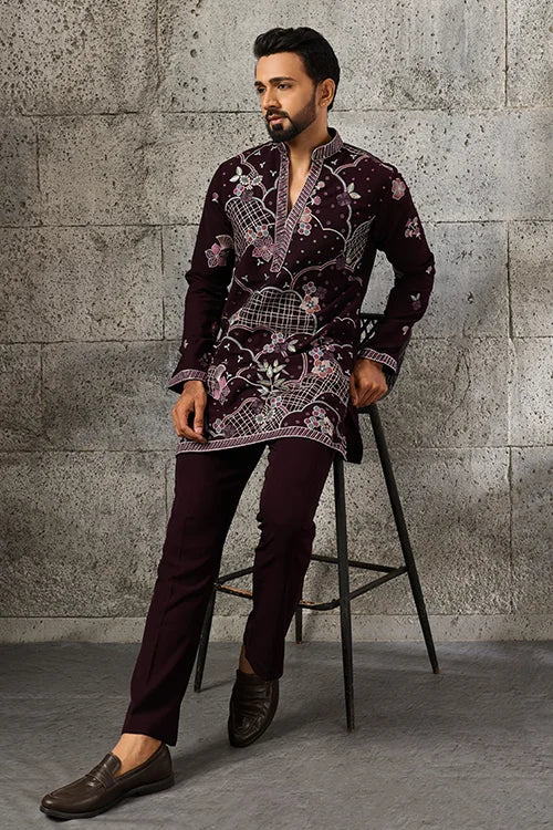 Side View of Ethnic Special Purple Japanese Fabric Embroidered Kurta