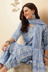 Sky Blue Kurti Set with Chanderi Cotton Dupatta - All Sizes