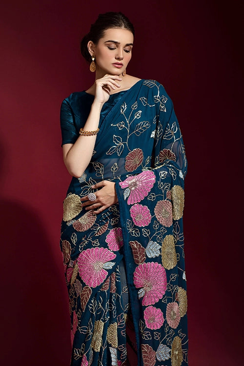 Embroidered petrol saree online
