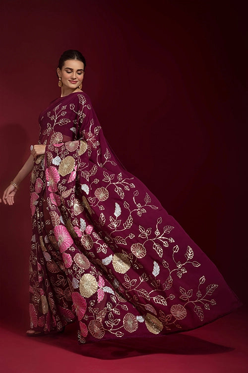 Floral thread work georgette saree
