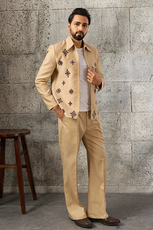 Full-Length Premium Designer Beige Mirror Work Men's Bomber Jacket