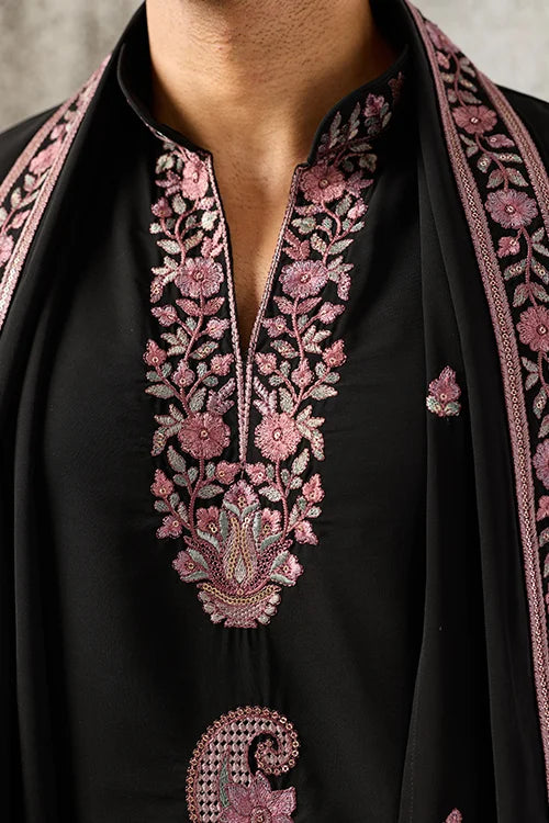 Royal Black Japanese Fabric Embroidered Festive Kurta Dupatta Set for Men's Wear