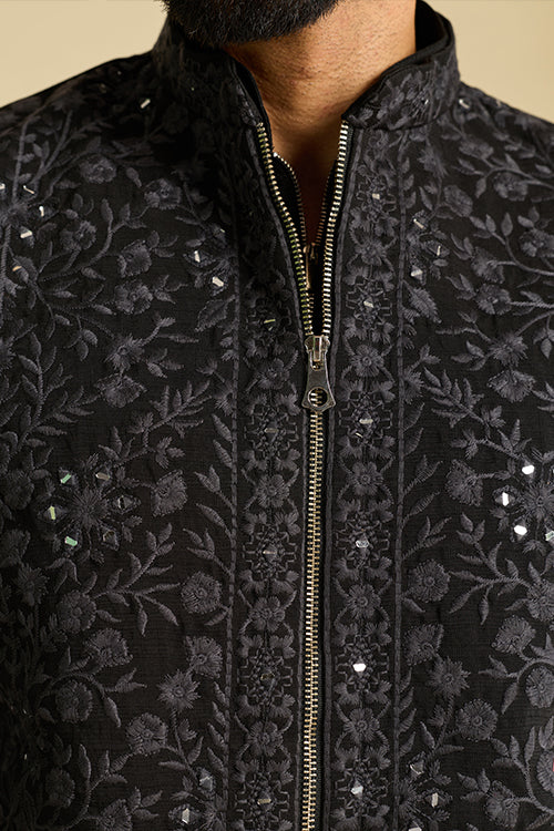Detailed Embroidery on Luxury Black Viscose Silk Koti