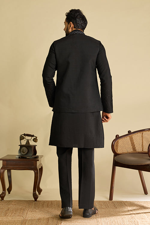 Back View of Luxury Black Viscose Silk Embroidered Koti Kurta Set for Men