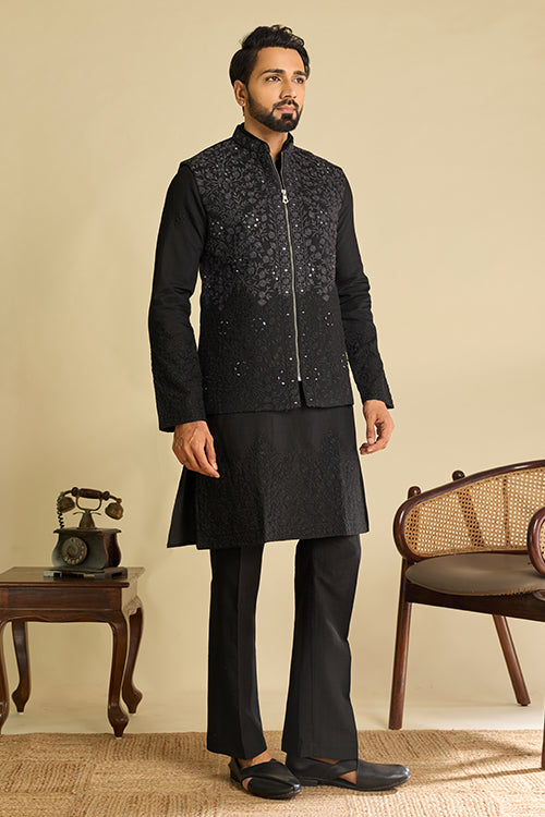 Close-Up of Embroidery on Luxury Black Viscose Silk Kurta