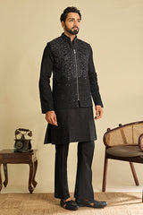 Close-Up of Embroidery on Luxury Black Viscose Silk Kurta