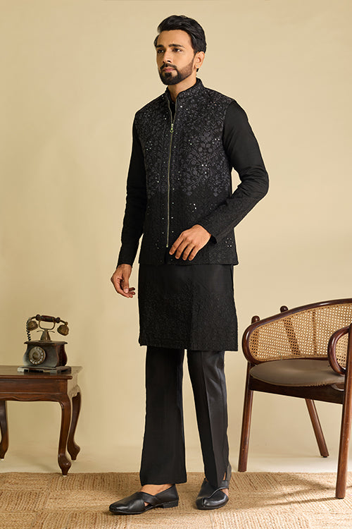 Side View of Luxury Black Embroidered Koti Kurta Set for Men