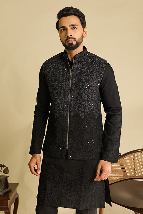 Front View of Luxury Black Viscose Silk Embroidered Koti Kurta Set for Men