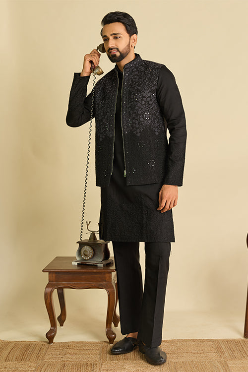 Luxury Black Viscose Silk Embroidered Koti Kurta Set for Men's Wear