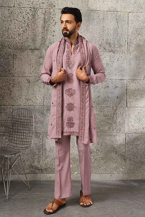 Full-Length Luxury Dusty Pink Japanese Fabric Embroidered Kurta Dupatta Set for Men