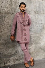 Luxury Dusty Pink Japanese Fabric Embroidered Kurta Dupatta Set for Men