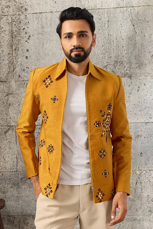 Side View of Royal Mustard Mirror Embroidered Men's Bomber Jacket