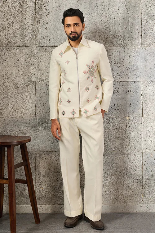 Close-Up of Mirror Work on White Men's Bomber Jacket