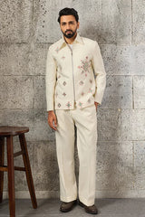 Close-Up of Mirror Work on White Men's Bomber Jacket