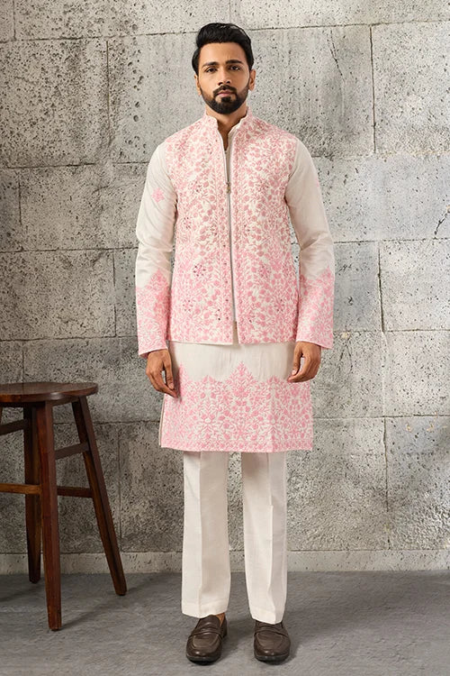 Close-Up of Embroidery on Luxury White Viscose Silk Koti Kurta Set