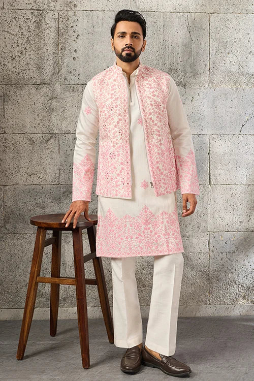 Side View of Luxury White Viscose Silk Koti Kurta Set with Embroidery
