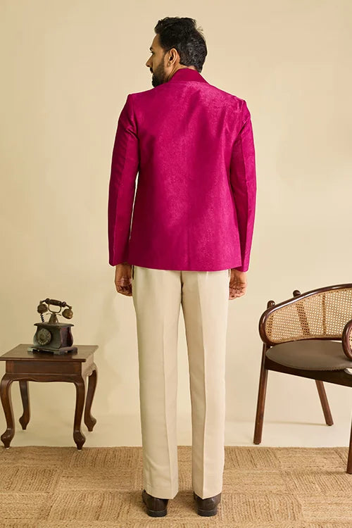 Back View of Premium Designer Ethnic Wear Magenta Mirror Work Men's Jacket
