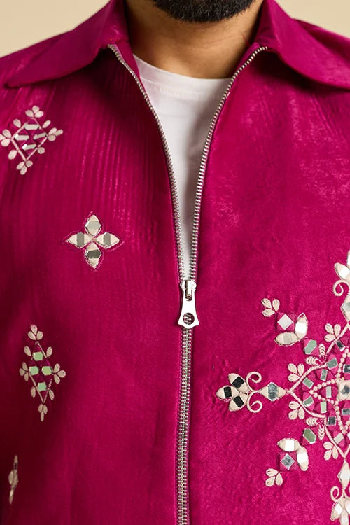 Close-Up of Mirror Work on Premium Designer Magenta Men's Jacket