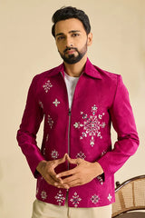 Front View of Premium Designer Ethnic Wear Magenta Mirror Work Men's Jacket