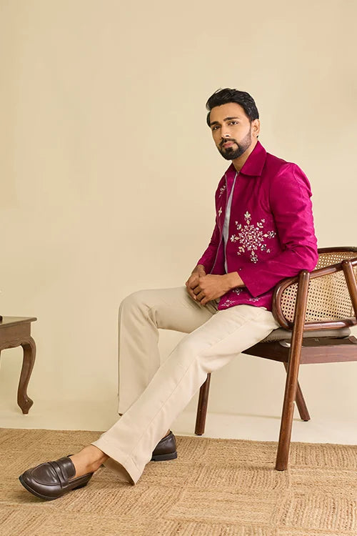 Detailed Embroidery and Mirror Work on Premium Designer Magenta Men's Jacket