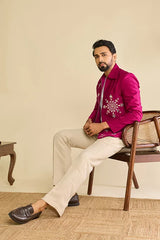 Detailed Embroidery and Mirror Work on Premium Designer Magenta Men's Jacket