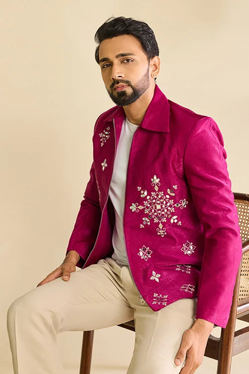 Side View of Premium Designer Ethnic Wear Magenta Mirror Work Men's Jacket